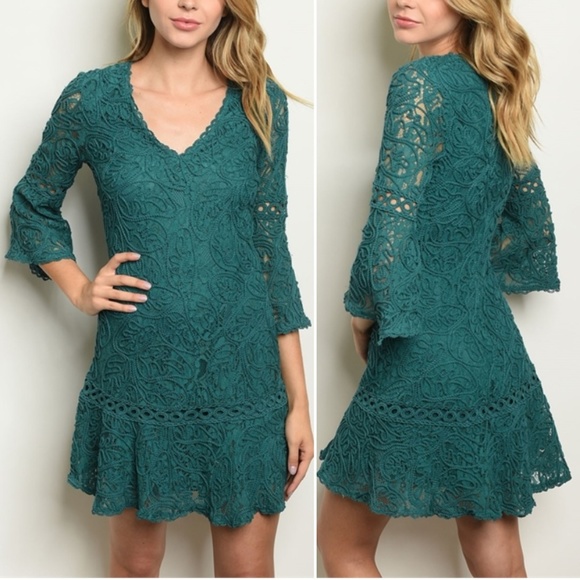 EMERALD GREEN CROCHET V NECK DRESS - Picture 2 of 8